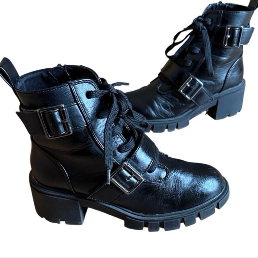 WOMENS SEYCHELLES BLACK MOTO COMBAT GRUNGE BOHEMIAN BOOTS SZ 6.5 CHUNKY LUG LACE